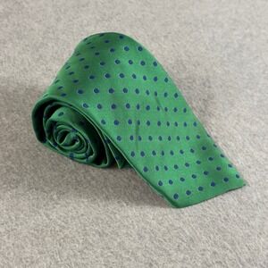 Vintage Faconnable Mens Silk Tie Green Navy Blue Polka Dot Hand France 58x3.75"
